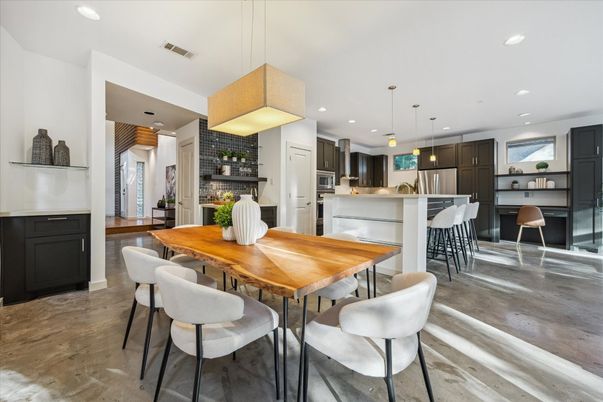 Dining room, Interior, Kitchen, Pendant Lights, Recessed Lighting, Stainless Steel Appliances, Wood Texture Flooring