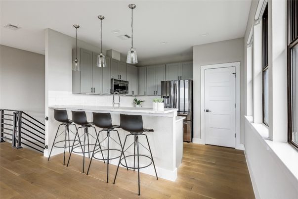 Interior, Kitchen, Pendant Lights, Recessed Lighting, Stainless Steel Appliances, Wood Texture Flooring