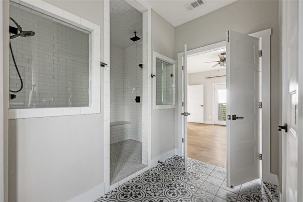Bathroom, Glass Shower, Interior, Wood Texture Flooring