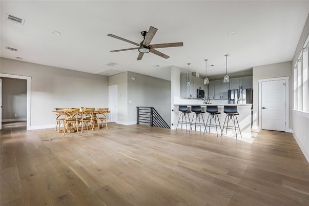 Dining room, Interior, Kitchen, Pendant Lights, Recessed Lighting, Wood Texture Flooring