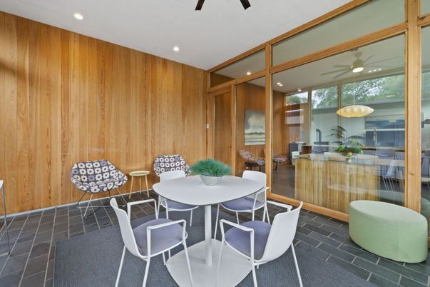 Dining room, Interior, Recessed Lighting, Wooden Walls