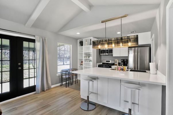 Interior, Kitchen, Pendant Lights, Recessed Lighting, Stainless Steel Appliances, Wood Texture Flooring