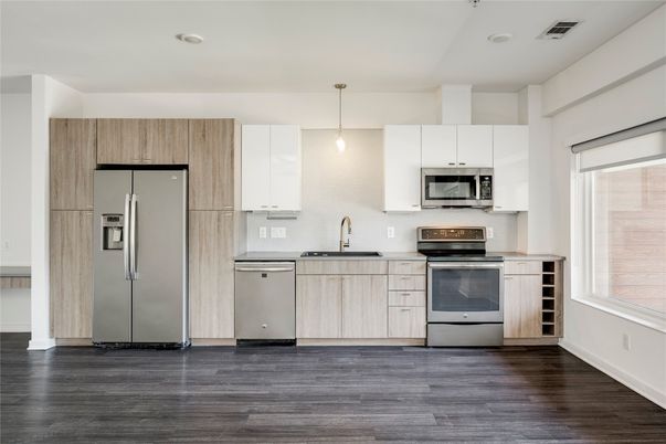 Interior, Kitchen, Pendant Lights, Recessed Lighting, Stainless Steel Appliances, Wood Texture Flooring