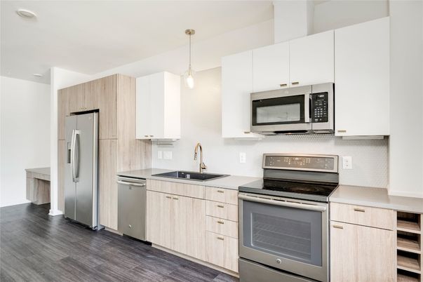 Interior, Kitchen, Pendant Lights, Stainless Steel Appliances, Wood Texture Flooring