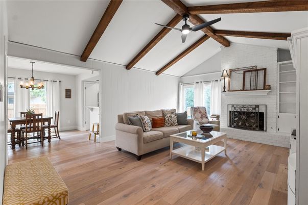 Chandelier, Dining room, Fireplace, Interior, Living room, Wooden Beams, Wood Texture Flooring
