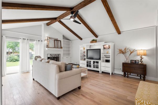 Fireplace, Interior, Living room, Wooden Beams, Wood Texture Flooring