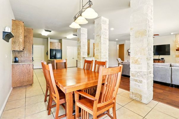 Dining room, Interior, Living room, Pendant Lights, Recessed Lighting, Wood Texture Flooring