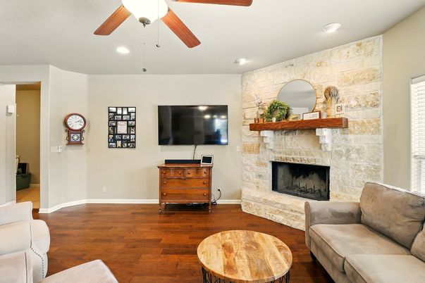 Fireplace, Interior, Recessed Lighting, Stone Walls, Wood Texture Flooring