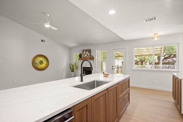 Fireplace, Interior, Kitchen, Recessed Lighting, Wood Texture Flooring