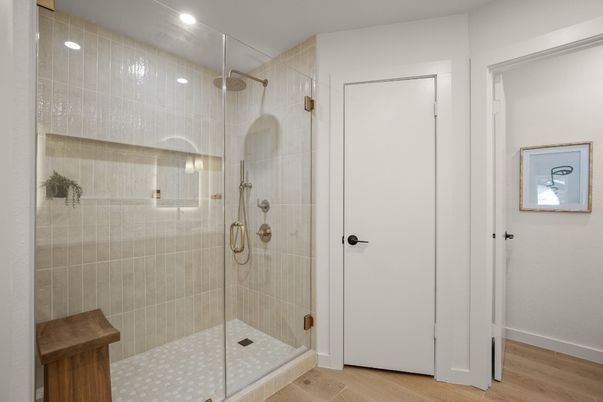 Bathroom, Glass Shower, Interior, Recessed Lighting, Wood Texture Flooring