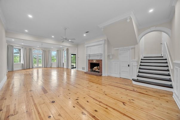 Empty room, Fireplace, Interior, Recessed Lighting, Wood Texture Flooring