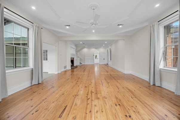 Empty room, Fireplace, Interior, Recessed Lighting, Wood Texture Flooring