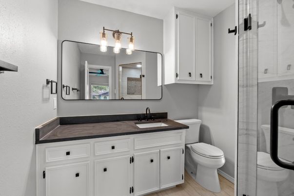 Bathroom, Glass Shower, Interior, Wood Texture Flooring