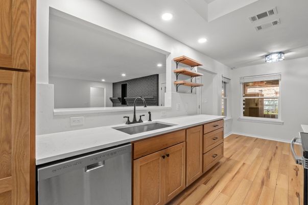 Interior, Kitchen, Recessed Lighting, Stainless Steel Appliances, Wood Texture Flooring
