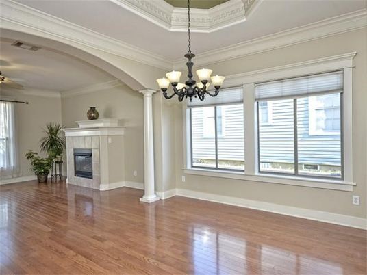 Chandelier, Empty room, Fireplace, Interior, Wood Texture Flooring