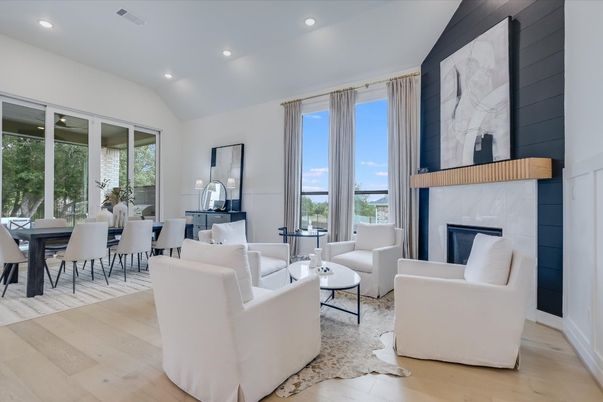 Dining room, Fireplace, Interior, Living room, Recessed Lighting, Wood Texture Flooring