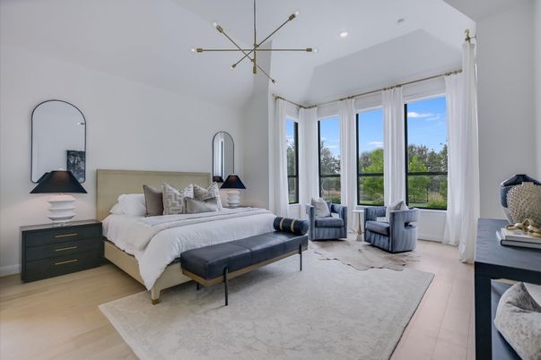 Bedroom, Interior, Pendant Lights, Recessed Lighting, Wood Texture Flooring