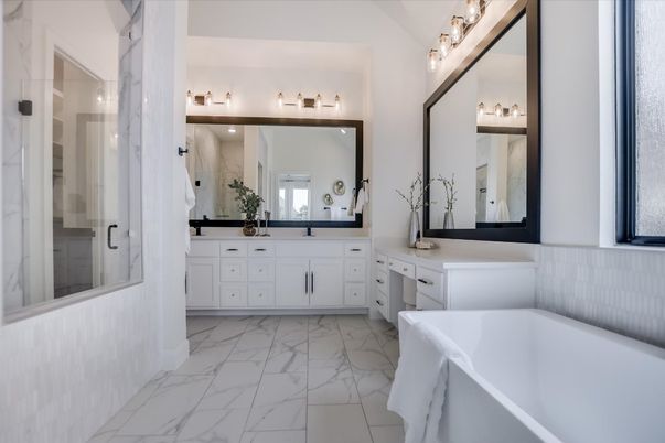 Bathroom, Dual Sink Vanities, Free Standing Baths, Glass Shower, Interior, Marble