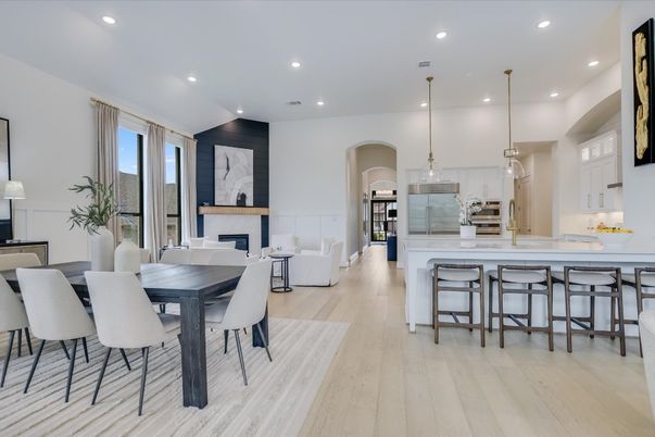 Dining room, Fireplace, Interior, Kitchen, Living room, Pendant Lights, Recessed Lighting, Stainless Steel Appliances, Wood Texture Flooring