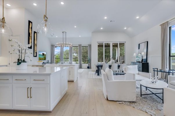 Dining room, Interior, Kitchen, Living room, Pendant Lights, Recessed Lighting, Wood Texture Flooring
