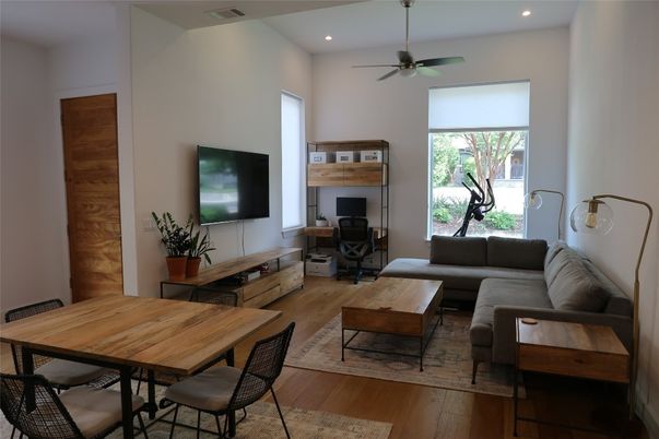 Dining room, Interior, Living room, Recessed Lighting, Wood Texture Flooring