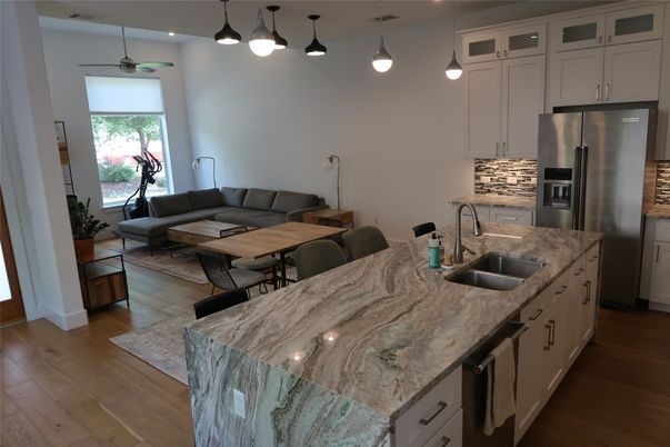 Dining room, Interior, Kitchen, Living room, Pendant Lights, Stainless Steel Appliances, Wood Texture Flooring