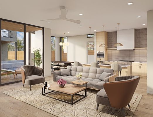 Dining room, Interior, Kitchen, Living room, Pendant Lights, Recessed Lighting, Stainless Steel Appliances, Wood Texture Flooring