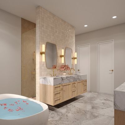Bathroom, Dual Sink Vanities, Free Standing Baths, Interior, Marble, Recessed Lighting