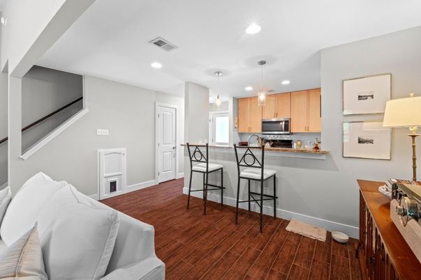 Interior, Kitchen, Pendant Lights, Recessed Lighting, Wood Texture Flooring
