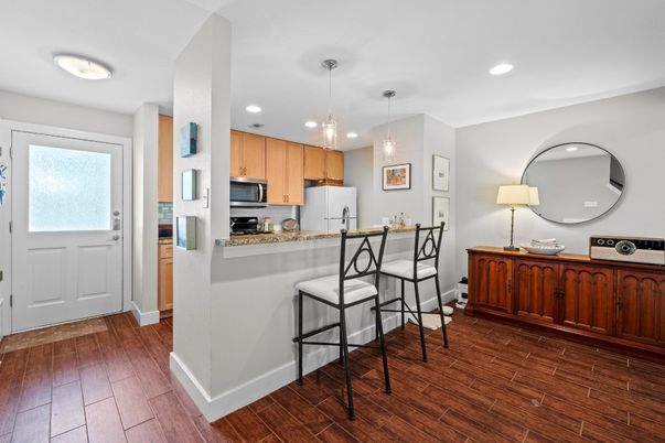 Interior, Kitchen, Pendant Lights, Recessed Lighting, Wood Texture Flooring