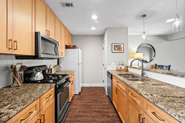 Interior, Kitchen, Pendant Lights, Recessed Lighting, Wood Texture Flooring