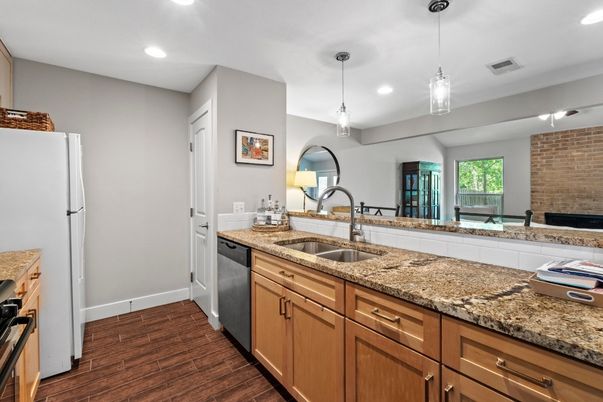 Interior, Kitchen, Pendant Lights, Recessed Lighting, Stainless Steel Appliances, Wood Texture Flooring