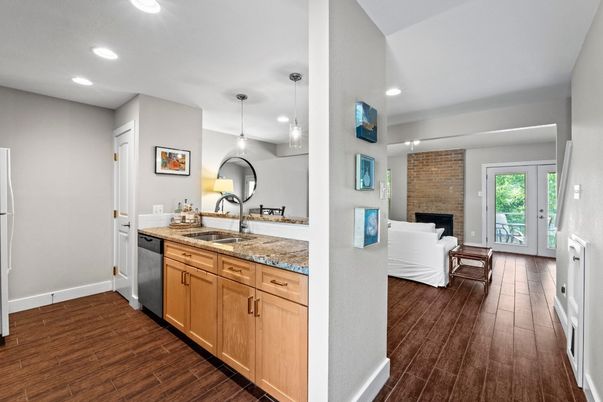 Fireplace, Interior, Kitchen, Living room, Pendant Lights, Recessed Lighting, Stone Walls, Wood Texture Flooring