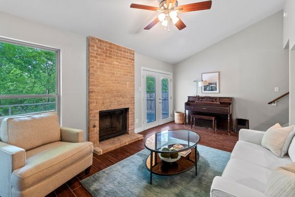 Fireplace, Interior, Living room, Piano, Stone Walls, Wood Texture Flooring