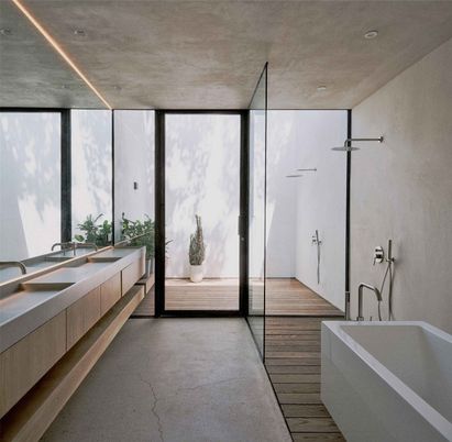 Bathroom, Dual Sink Vanities, Free Standing Baths, Interior, Recessed Lighting, Wood Texture Flooring