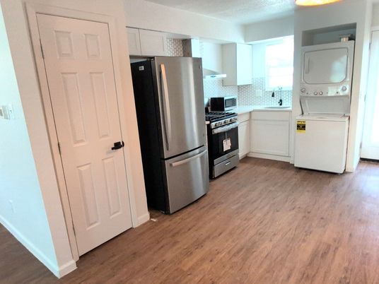 Interior, Kitchen, Stainless Steel Appliances, Washer, Wood Texture Flooring