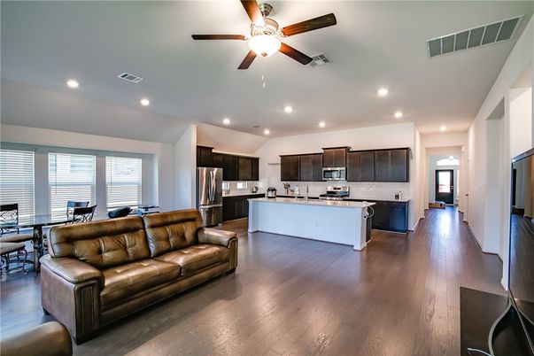 Dining room, Interior, Kitchen, Recessed Lighting, Stainless Steel Appliances, Wood Texture Flooring