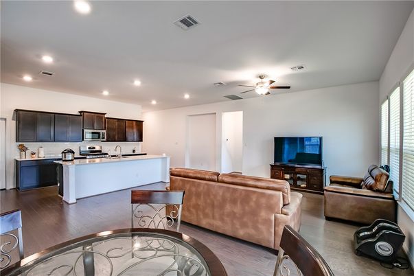 Interior, Kitchen, Living room, Recessed Lighting, Stainless Steel Appliances, Wood Texture Flooring
