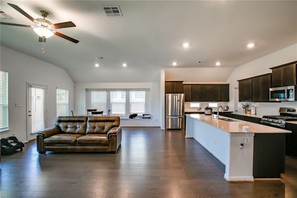 Interior, Kitchen, Living room, Recessed Lighting, Stainless Steel Appliances, Wood Texture Flooring