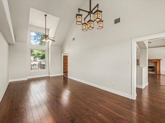 Empty room, Fireplace, Interior, Pendant Lights, Wood Texture Flooring