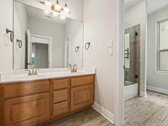 Bathroom, Dual Sink Vanities, Glass Shower, Interior, Wood Texture Flooring