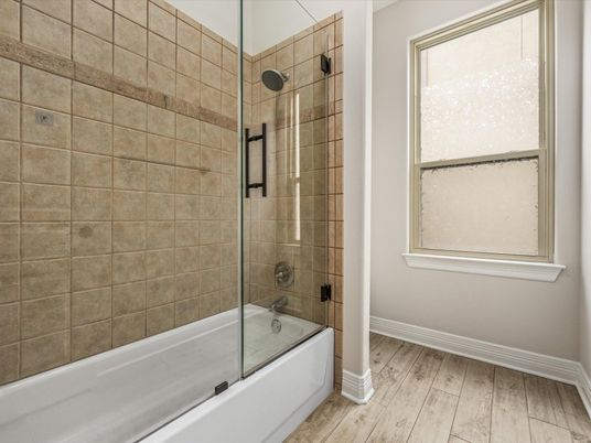 Bathroom, Glass Shower, Interior, Wood Texture Flooring