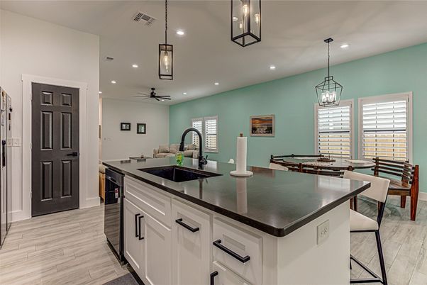 Billiard Table, Dining room, Game Room, Interior, Kitchen, Pendant Lights, Recessed Lighting, Wood Texture Flooring