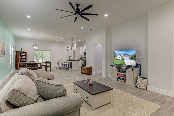 Dining room, Interior, Kitchen, Living room, Pendant Lights, Recessed Lighting, Wood Texture Flooring