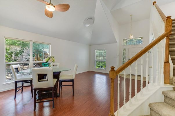 Dining room, Interior, Pendant Lights, Wood Texture Flooring