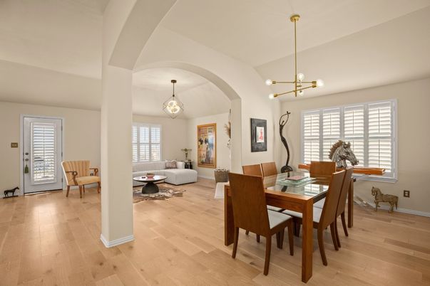 Dining room, Interior, Living room, Pendant Lights, Wood Texture Flooring