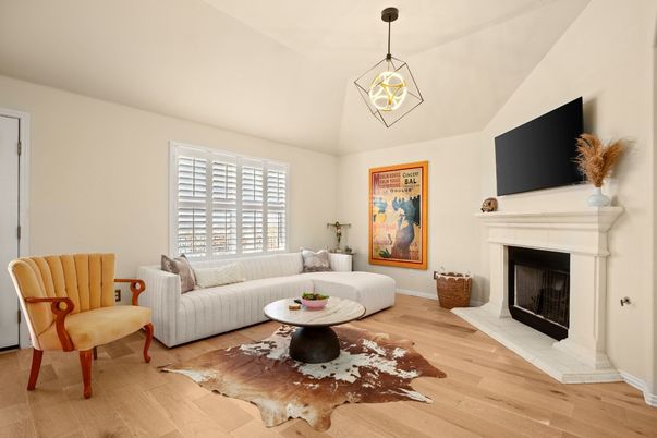 Fireplace, Interior, Living room, Pendant Lights, Wood Texture Flooring