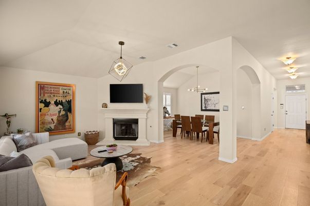 Dining room, Fireplace, Interior, Living room, Pendant Lights, Wood Texture Flooring