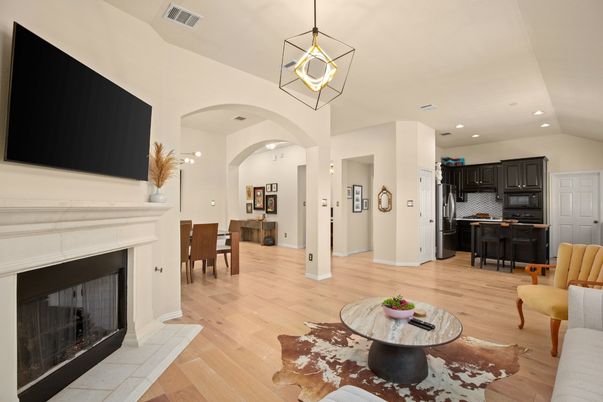 Dining room, Fireplace, Interior, Kitchen, Pendant Lights, Recessed Lighting, Wood Texture Flooring