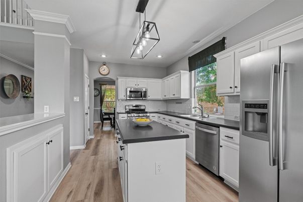 Interior, Kitchen, Pendant Lights, Recessed Lighting, Stainless Steel Appliances, Wood Texture Flooring
